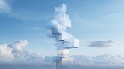 A tall building made of glass blocks is seen against a blue sky