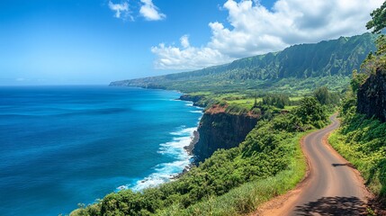 Obraz premium A winding road along a dramatic coastline with lush green hills and blue ocean views under a sunny sky.