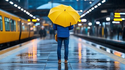 Fototapeta premium Man with Yellow Umbrella Standing in Rain at Station