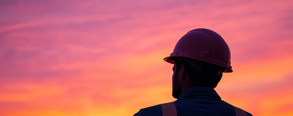 The oil worker with silhouette concept. A silhouette of a construction worker watching a vibrant sunset, wearing a safety helmet and reflecting on the day's work.