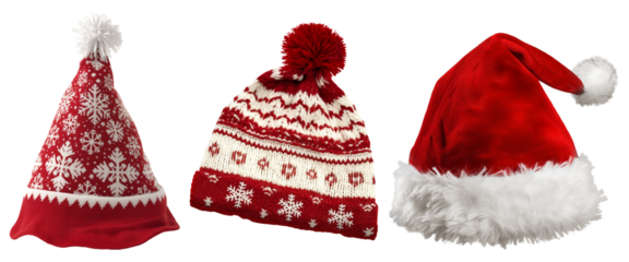 Set of red and white christmas hats, isolated on a transparent background