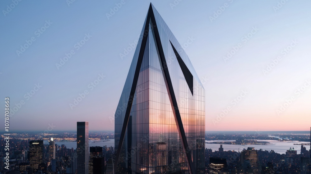Poster a tall building with a triangular shape is seen from a distance