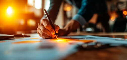 Obraz premium A person signing a document with a pen, illuminated by warm light in a professional setting.