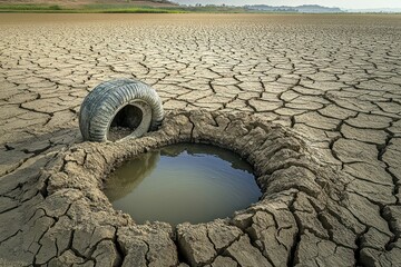 A dry landscape with a cracked earth surface and a tire near a small water pool.