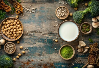 Plant-Based Protein Sources on Rustic Wooden Table