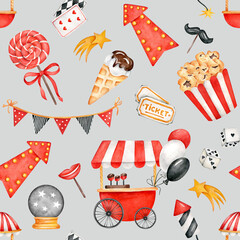 Amusement park pattern.Circus ornament.Hand drawn watercolor elements:lollipop,tickets, ice cream,popcorn, props,sign,star,playing cards dice,fireworks,magic ball.Kids fabric design.Entertainment