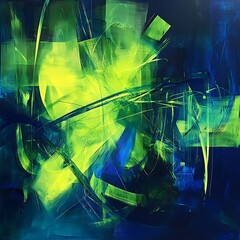 Bright glowing abstract shapes and lines in shades of electric green and blue