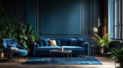 Elegant Living Room with Blue Velvet Furniture and Lush Plants