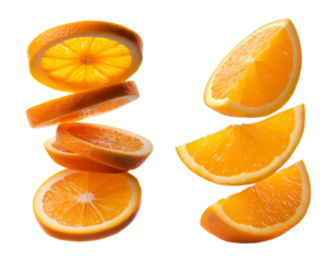 Slices and pieces of orange stacked and levitating, isolated on transparent background