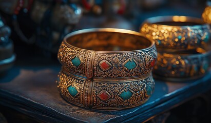 AI generator image of The materials should include gold and silver, with accents of gemstones like jade, ruby,Turquoise and sapphire.The design should reflect the cultural richness and sophistication 