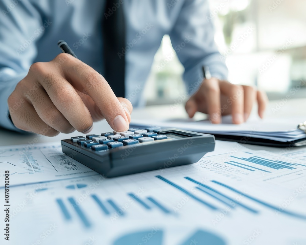 Poster a professional analyzing financial data using a calculator, surrounded by graphs and reports.