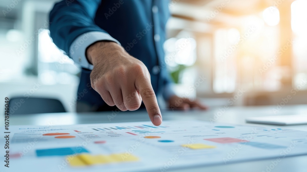 Poster a business professional points at a strategy map on a table, highlighting key data and insights in a