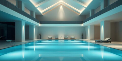 Obraz premium Minimalistic interior with a central swimming pool surrounded by sleek, modern furniture and soft ambient lighting, furniture, swimming pool