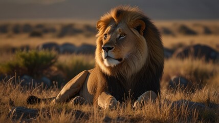 Fototapeta premium Majestic lion with golden mane lying in the tall grass during sunset.