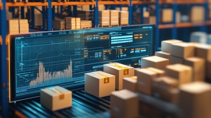 Inventory management order tracking concept. A modern warehouse scene showing digital data analytics on a screen alongside stacked boxes, emphasizing technology in logistics.