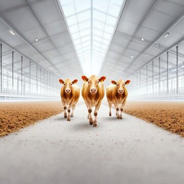 Three brown cows Livestock moving in a sanitized facility with clean pathways, illustrating biosecurity in agriculture.