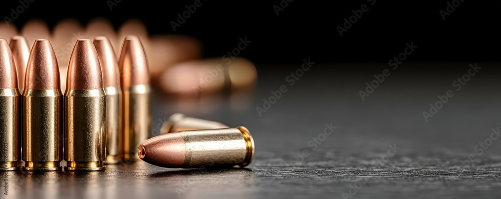 Poster close-up of loaded revolver bullets in open cylinder - intense metallic tones and precision design h