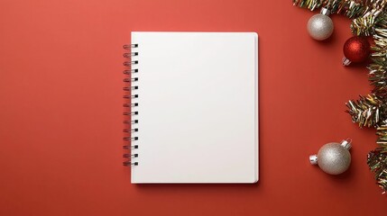 Christmas mockup preview, A blank spiral notebook rests on a red background, surrounded by festive decorations including shiny ornaments and garland.