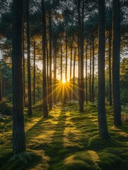 Fototapeta premium Sunset Sunbeams Through Tall Pine Trees