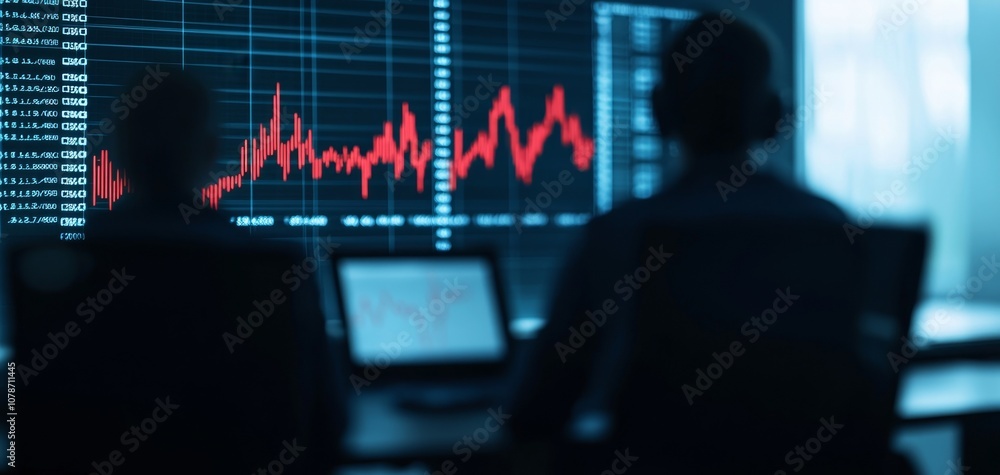Poster two individuals analyze data on screens displaying fluctuating graphs in a tech-focused environment.