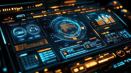 Obraz premium Futuristic digital interface with data analysis and charts.