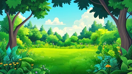 Lush green forest clearing with blue sky and clouds.