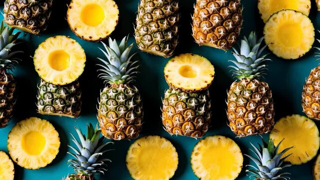 Video footage of Whole and halved pineapples arranged in a grid pattern on a teal background, showcasing their vibrant yellow flesh and textured skin.