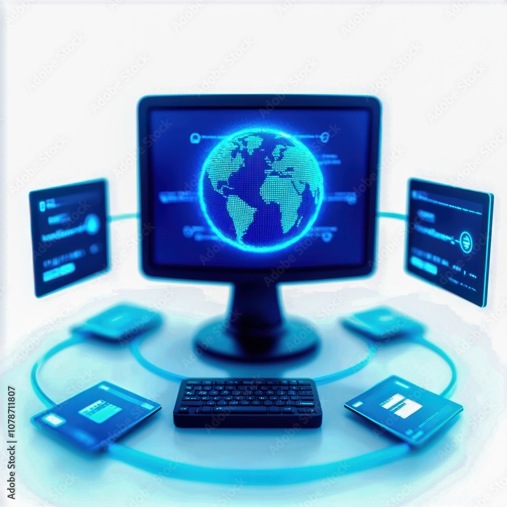 Poster a modern computer setup featuring a globe, multiple screens, and a stylish keyboard on a sleek surfa