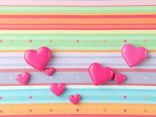 Multicolored heart background with pink polka dot and striped love hearts, 3D render, pink, striped