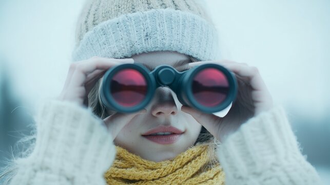 Woman in a knitted hat and scarf looking through binoculars.