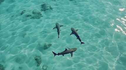 Obraz premium Three sharks gracefully swimming in clear turquoise waters.