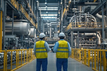 Two Workers in Hard Hats Walk Through a Factory