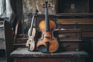 Dusty, old musical instruments abandoned in a corner of a dimly lit room, with cobwebs and broken strings. Ample copy space to evoke the silence of forgotten melodies and times.