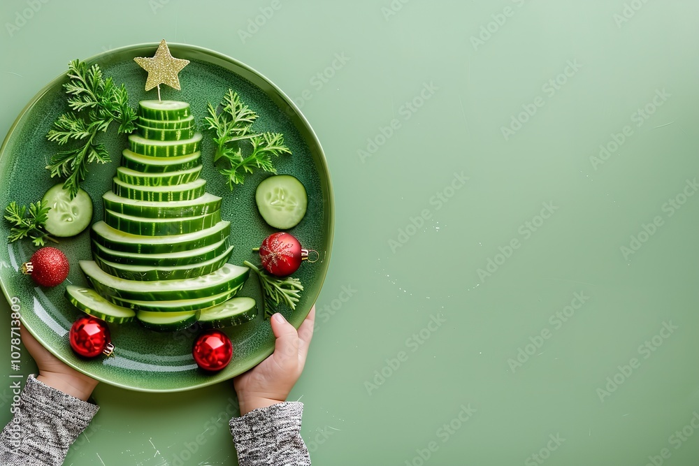 Poster a shot of a cucumber christmas tree in a plate with a child's hand gripping it is shown from above a