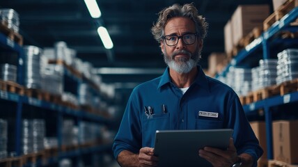 Fototapeta premium Inventory management order tracking concept. A middle-aged man with glasses stands in a warehouse, holding a tablet, surrounded by shelves filled with boxes and materials.