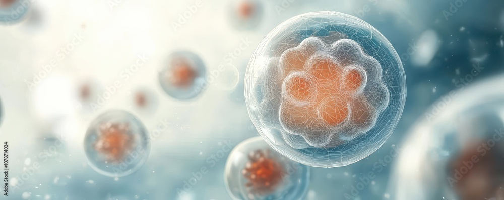 Poster a close-up view of microscopic cells with vibrant colors, illustrating their structures and the intr