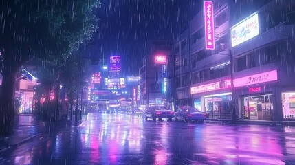 Obraz premium Cyberpunk anime street with rain, neon lights, and futuristic buildings
