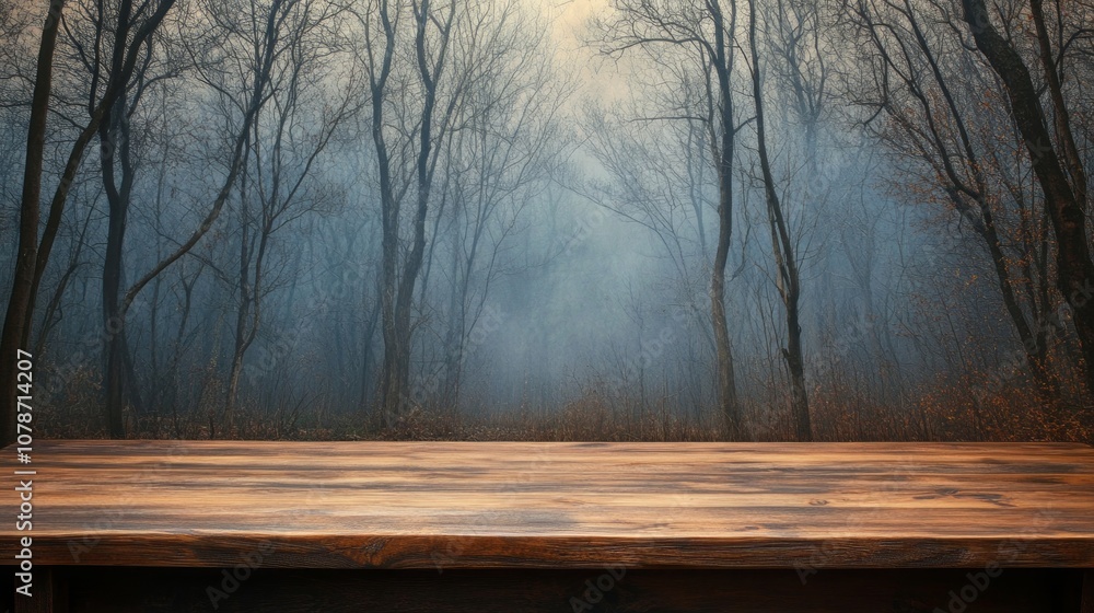 Poster a wooden table with a forest background
