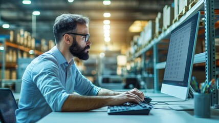 Inventory management order tracking concept. A focused man works intently on a computer in a well-organized warehouse, surrounded by shelves filled with boxes.