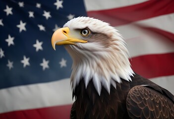 A bald eagle with its head turned to the side, perched in front of an American flag background