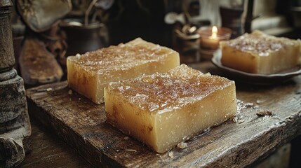 Two golden brown squares of honey cake on a wooden table.