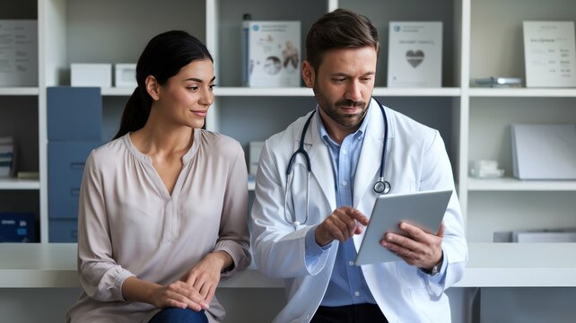 A doctor discussing health information with a patient in a modern clinic setting.