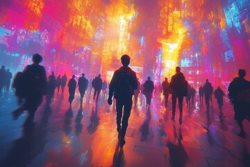 People walk through a vibrant digital landscape