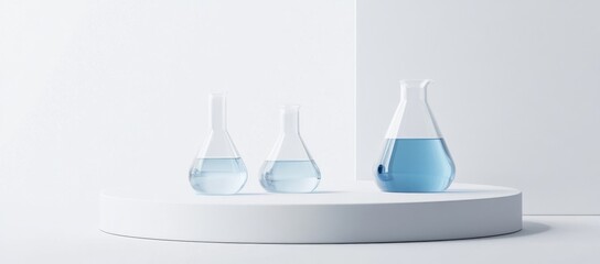 Glass beakers filled with light blue liquid. Different laboratory glassware. Isolated on white background