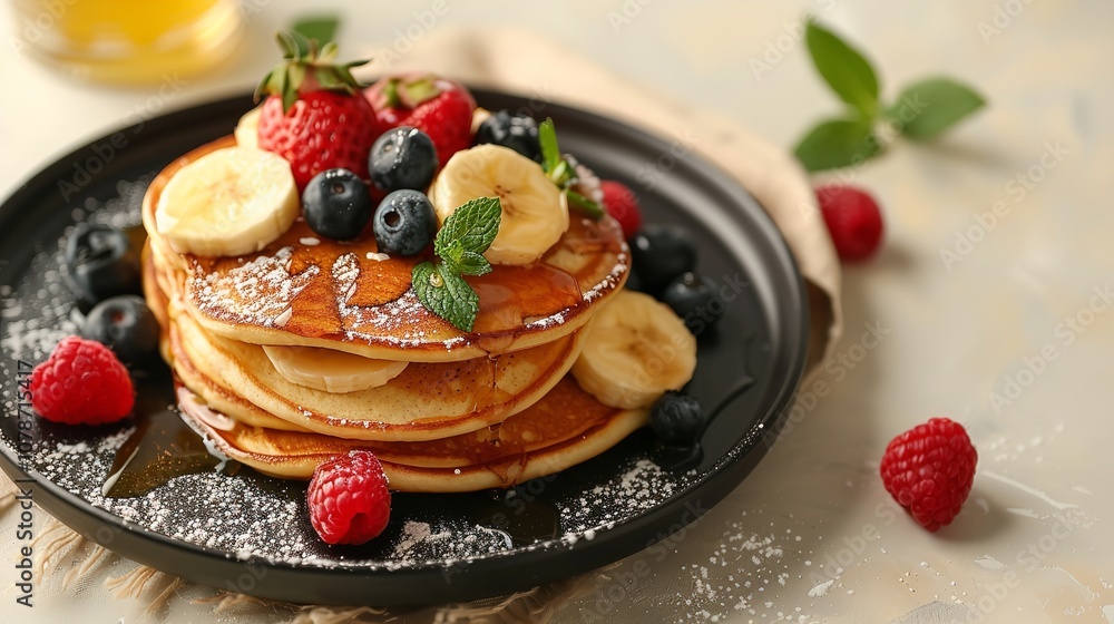 Poster a cheese pancake topped with fruits and honey presented on a pristine dark dish a close shot with ro
