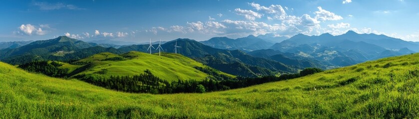 Fototapeta premium Breathtaking green hills under a bright blue sky with distant majestic mountains.