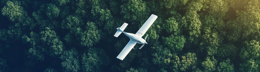 A small plane flies over the coniferous forest in the mountains.