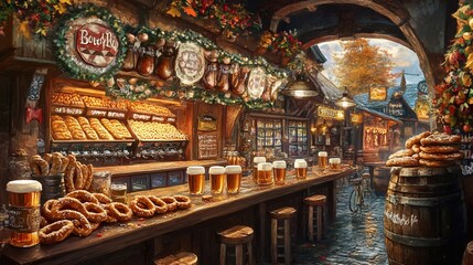 Obraz premium A quaint, cozy beer garden with a rustic wooden bar, filled with beer steins and pretzels. A festive, autumnal scene with a charming cobbled street and a charming wooden archway.