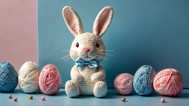 Video footage of crocheted bunny with a blue bow sits surrounded by pastel colored yarn balls on a blue and pink background.