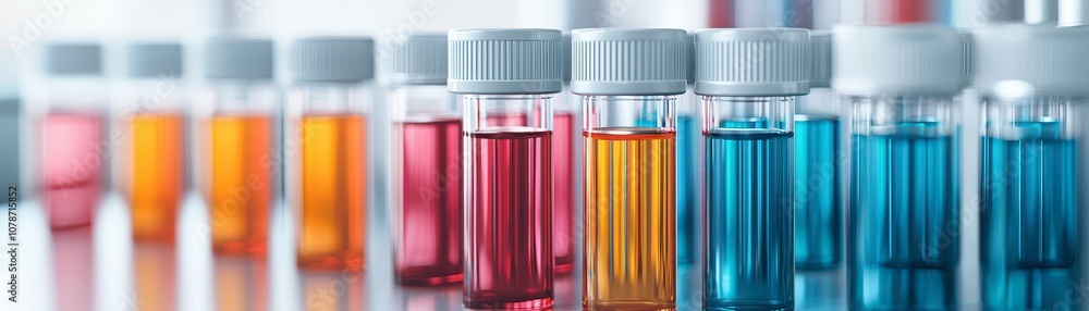 Poster a row of colorful laboratory vials filled with various liquids, showcasing vibrant shades in a scien